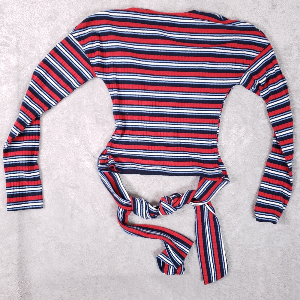 Free People Always With Me Faux Wrap Long Sleeve Tee S Red Blue White - Picture 6 of 9